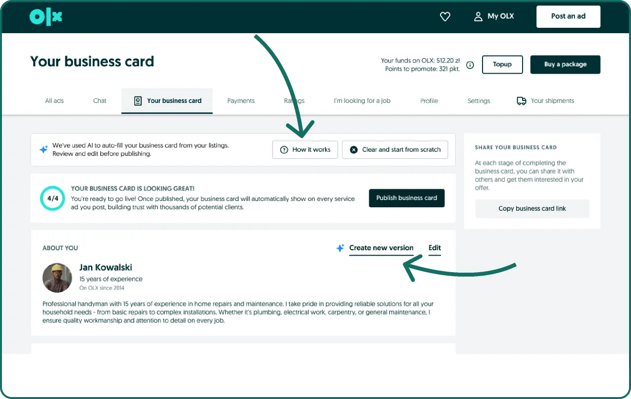 After: improved banner copy, a 'How it works' link and section-level regenerate, called out with arrows.