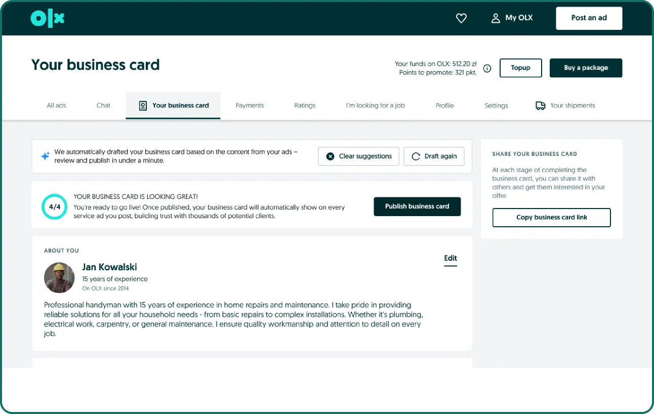 Before: the AI-drafted Business Card with the original banner and a global regenerate action.