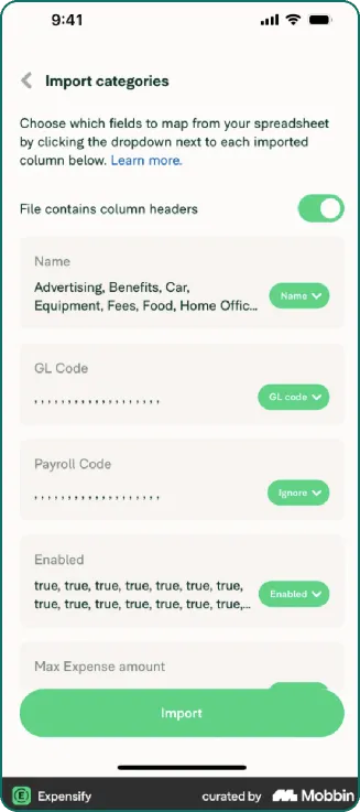Mobbin benchmark: a guided import with column mapping and a review step.