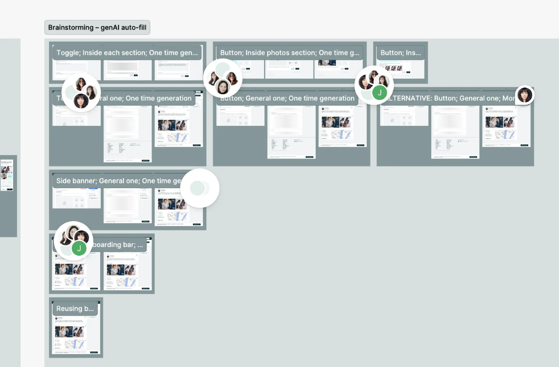 The brainstorming board, with clusters of screen ideas grouped by where the AI step could sit in the flow.