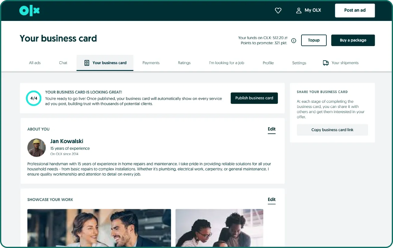 The Business Card page for a service provider on OLX, showing the profile, bio and work gallery.