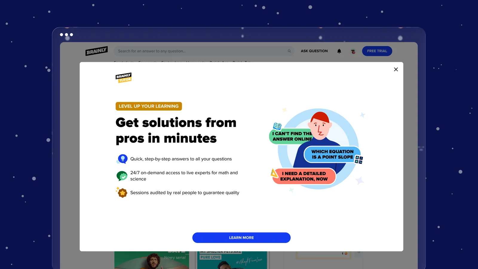 The Brainly Tutor trial screen on desktop, offering two free sessions before any payment prompt.