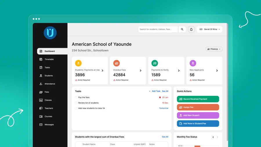 The AcademIQ admin dashboard, showing at-risk payments, overdue fees, verification tasks and quick actions for a school administrator.