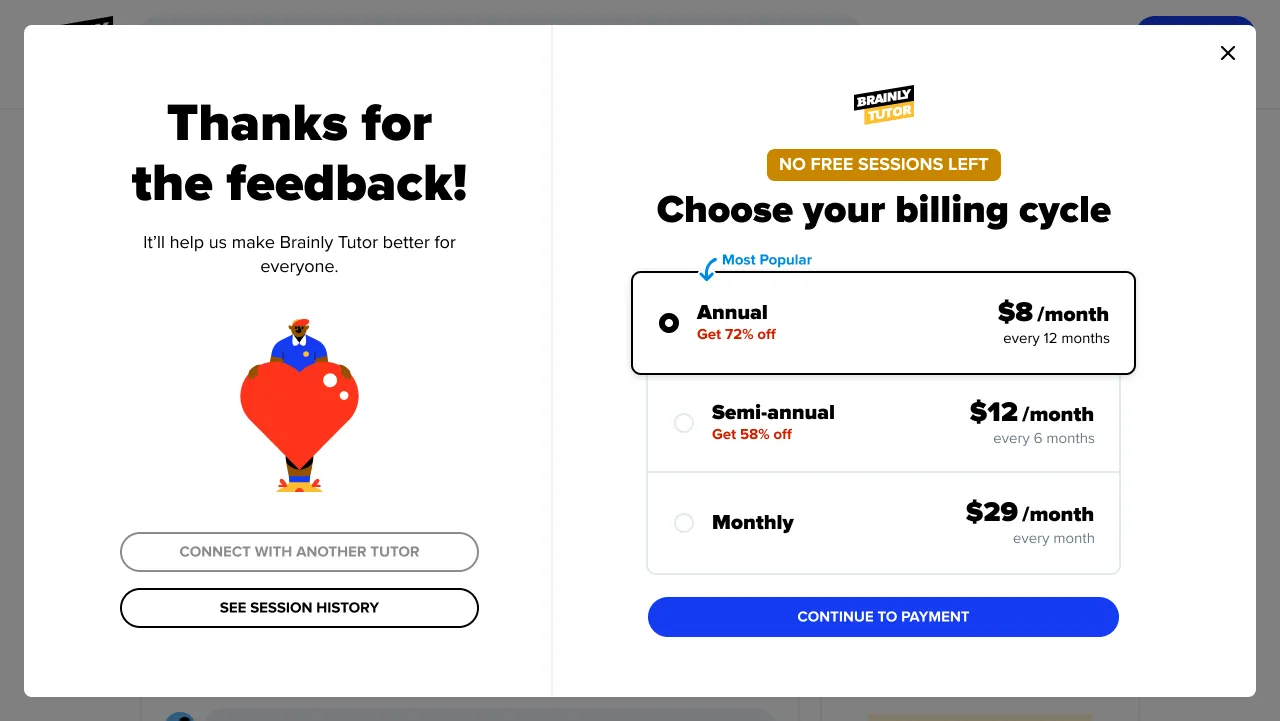 Web: the thank-you screen after a high rating for a user with no remaining free sessions, next to the billing plans.