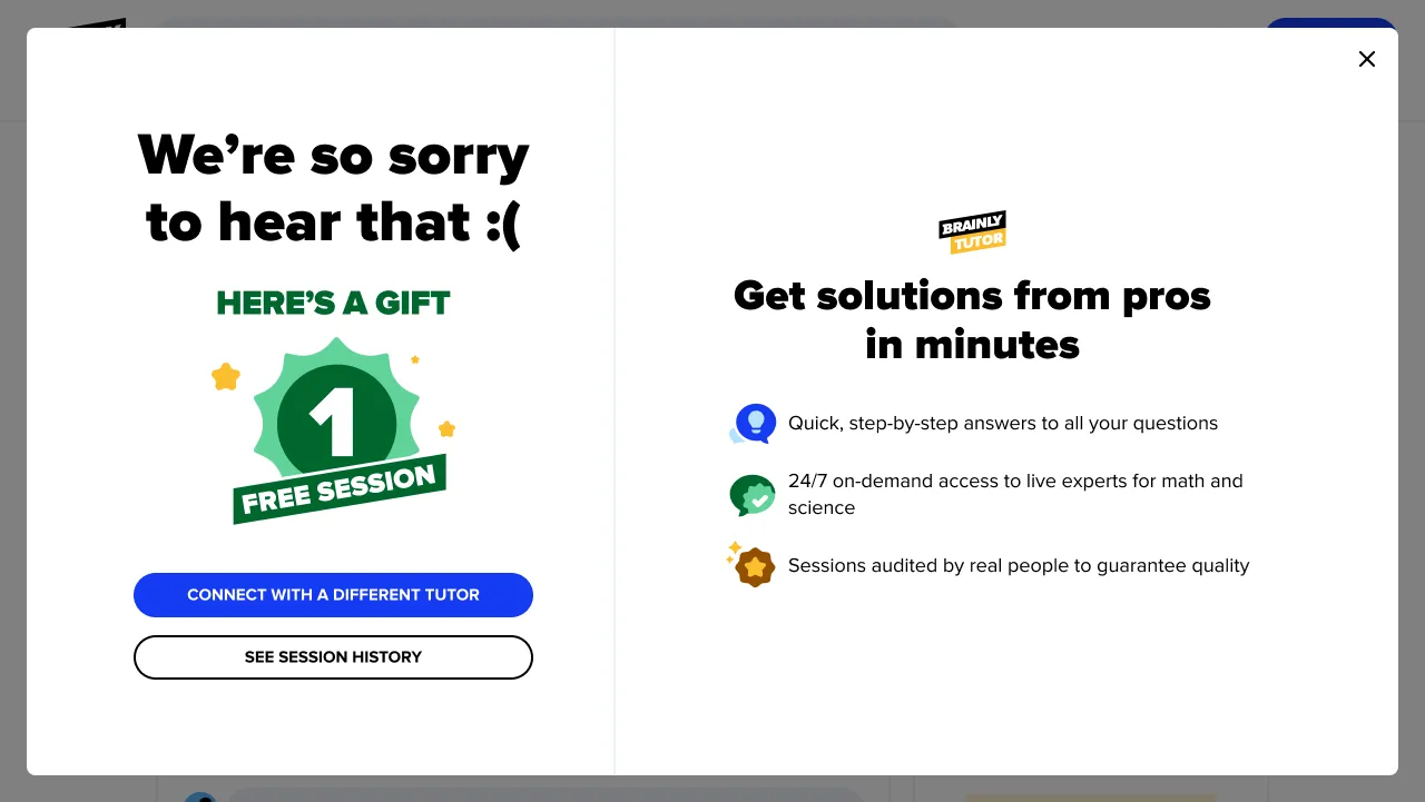 Web: the apology screen after a low rating, offering one free session in return.
