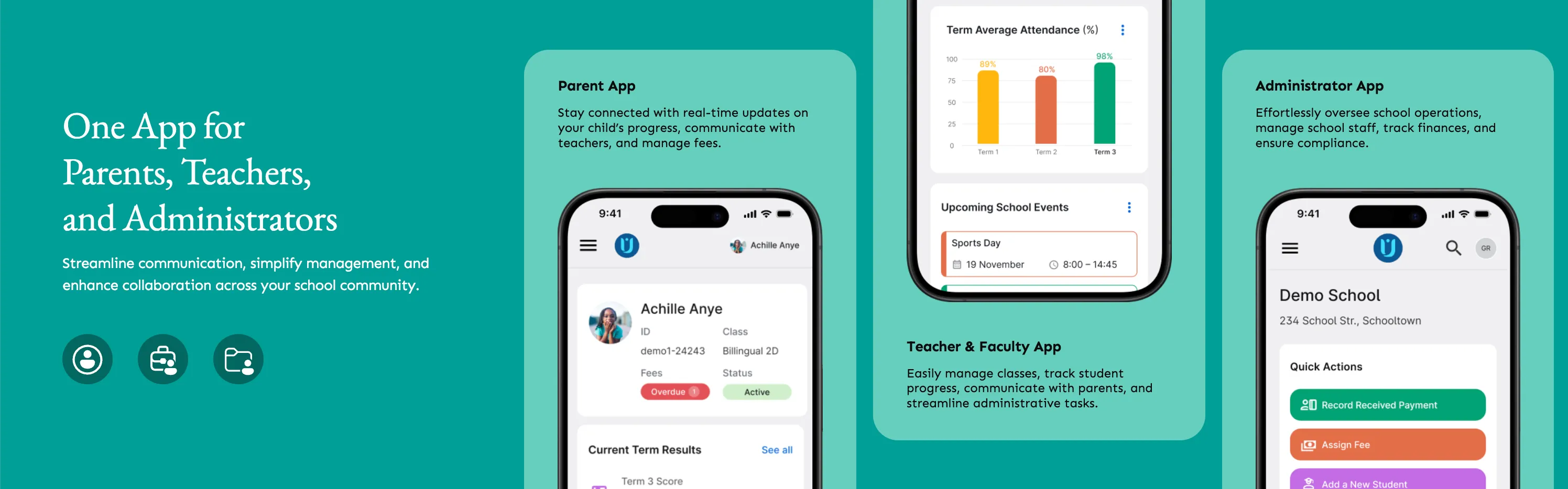 The three AcademIQ apps side by side – Parent, Teacher & Faculty, and Administrator – each built for a different role in the same school.